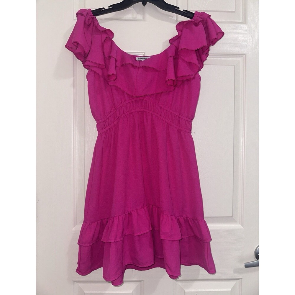 Charlotte Russe Pink Solid Off-Shoulder Ruffle Mini Dress Short Sleeve Size L